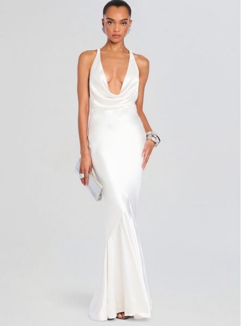 Retrofete White Satin Cowl-Neck Maxi Dress